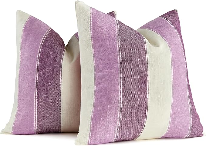 Pack of 2 Farmhouse Stripe Check Throw Pillow Covers Set Case Cotton Linen Decorative Pillowcases Cushion Cover for Couch Bench Sofa 18x18 Inch Purple