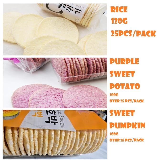 GEUNYEONG BAKESHOP Korean Traditional Freshly Popped Rice Cakes, Original(120g), Sweet Pumpkin(100g), and Purple Sweet Potato(100g) (3 Pack, Combo)