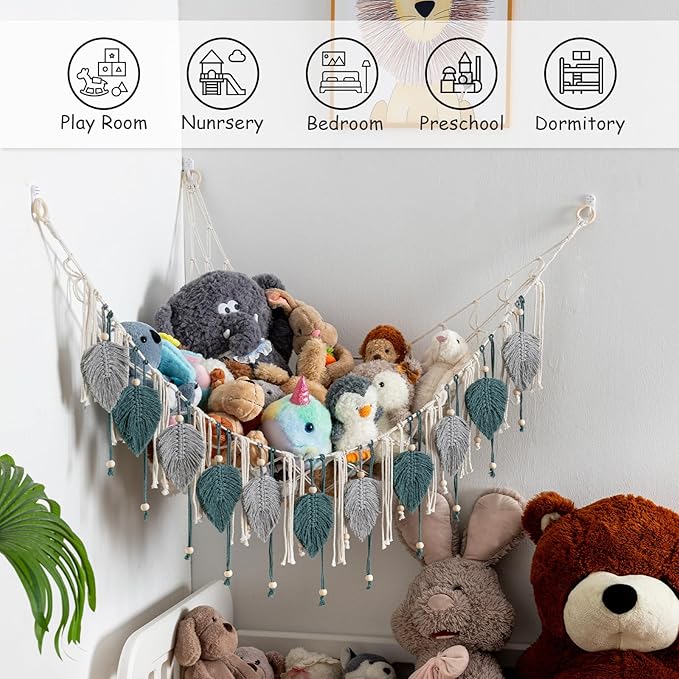 Pretty Jolly Macrame Stuffed Animal Hammock with Beads Hand Woven Leaf Tassels Corner Hanging Net Boho Plush Holder for Kid Room Nursery Decor Organizer for Girls Gift(Lightgray & Blue)