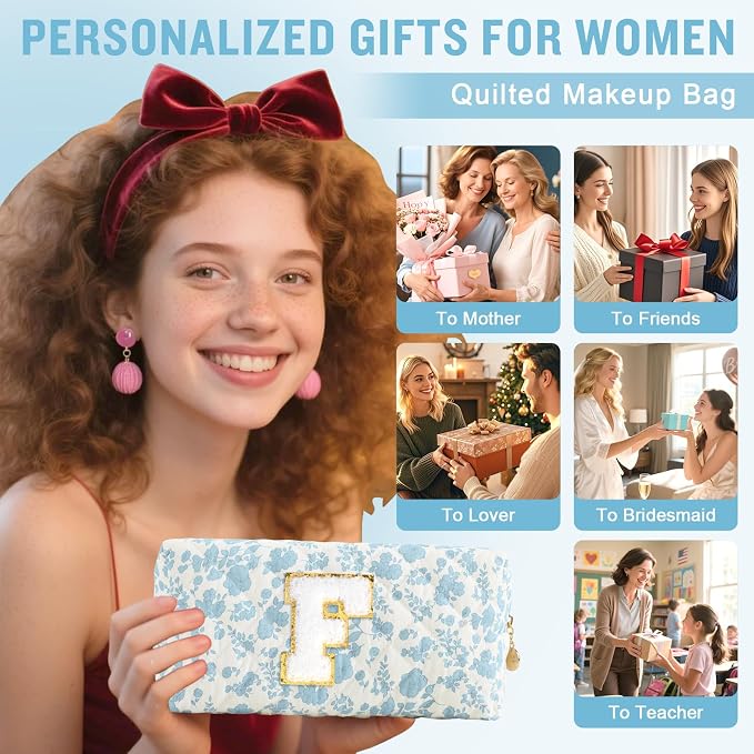 Personalized Quilted Cosmetic Bag, Puffy Monogrammed Christmas Birthday Gifts for Women & Girls, Cute initial Floral Makeup Bag Puffer Coquette Bag, Aesthetic Travel Toiletry Zipper Pouch(Blue,F)