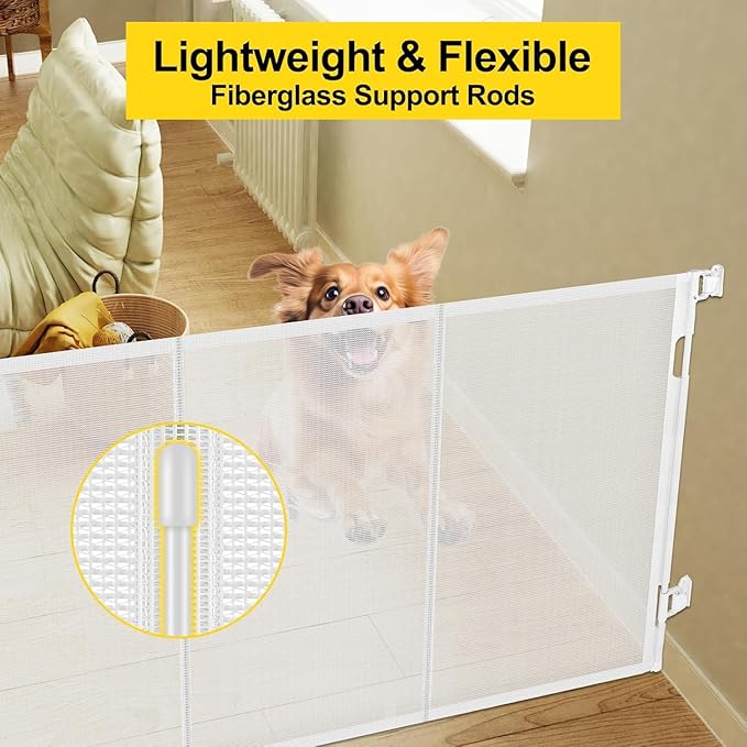 Reinforced 42” Extra Tall Retractable Dog Gate for Doorways, Extends up to 60” Wide, Mesh Baby Gate, Tall Baby Gates with Rods to Prevent Crawling Through Retractable Pet Gate Indoor Outdoor, White
