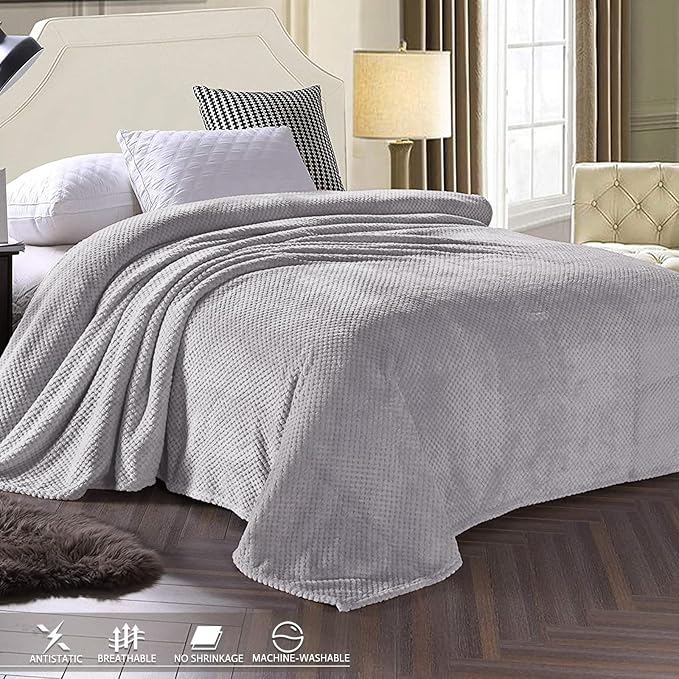 Exclusivo Mezcla Soft Waffle Fleece Bed Blanket King Size, Light Gray | Lightweight Plush Blanket for Bed, Bedroom, Cozy Flannel with Waffle Texture, Stylish Home Decor, All Season, 104x90 Inches