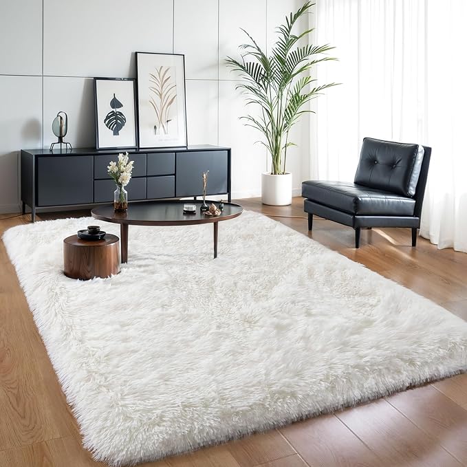5x7 Thick Cream White Shag Rug for Girls Bedroom, Soft Plush Carpet | Ivory Area Rug for Living Room, Kids Nursery Room, Washable Non Slip Shaggy Floor Carpet