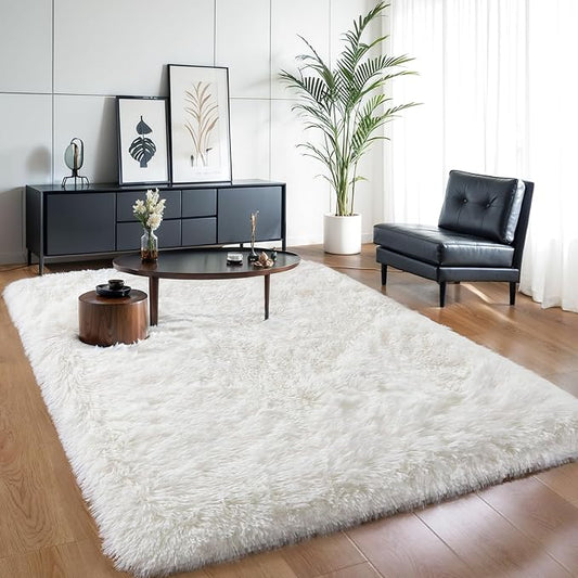 5x7 Thick Cream White Shag Rug for Girls Bedroom, Soft Plush Carpet | Ivory Area Rug for Living Room, Kids Nursery Room, Washable Non Slip Shaggy Floor Carpet