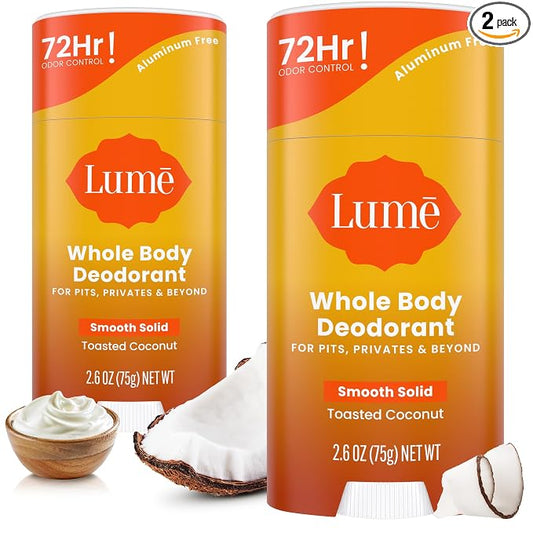 Lume Whole Body Deodorant - Smooth Solid Stick - 72 Hour Odor Control - Aluminum Free, Baking Soda Free and Skin Safe - 2.6 Ounce (Pack of 2) (Toasted Coconut)