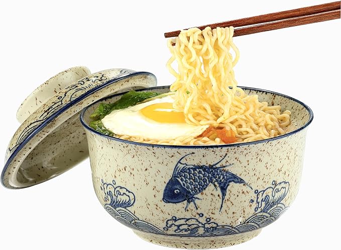 Ramen Bowl, DV 25 OZ Microwavable Japanese Korean Ramen Soup Bowl with Lid, Blue Fish and Wave Design