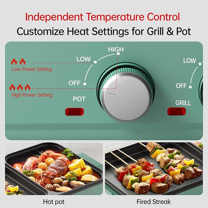 AORAN Electric Hot Pot with Grill, 2-in-1 Indoor Non-Stick Pot for Korean BBQ, Shabu Shabu & Noodles, Dual Temperature Control, Quick Heating with Bonus Accessories Green