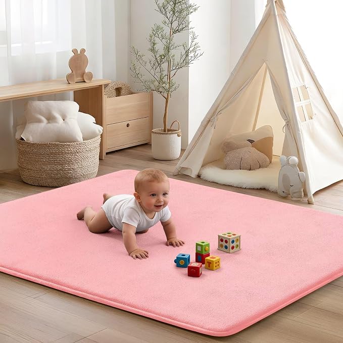 Baby Play Mat for Floor,Ultra Thick Elastic Foam 59"x59" Playmat Tummy Time Muscle Crawling Exercise Activity Cushion Gym Mat Nursery Playroom Area Kids Rug for Babies, Toddlers,Infants,Pink