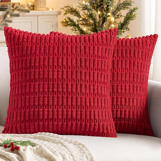 MIULEE Corduroy Decorative Throw Pillow Covers 20x20 Red Pack of 2 | Soft Boho Striped Pillow Covers Modern Farmhouse Home Decor For Sofa Living Room Couch Bed