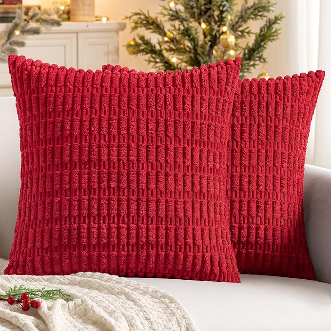 MIULEE Corduroy Decorative Throw Pillow Covers 16x16 Red Pack of 2 | Soft Boho Striped Pillow Covers Modern Farmhouse Home Decor For Sofa Living Room Couch Bed