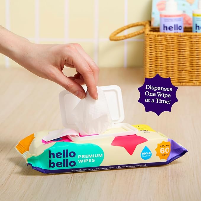 Hello Bello Premium Fragrance-Free Baby Wipes, with Chamomile & Aloe Extracts for Sensitive Skin - 9 Resealable Packs = 540 Total Wipes