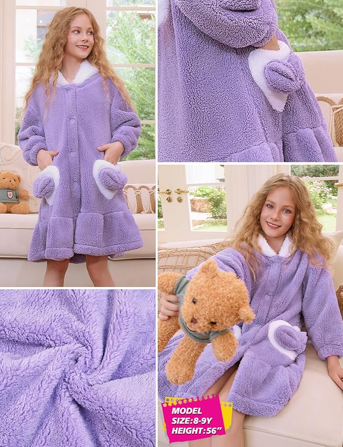 Girls Bathrobes Coral Fleece Button Down Hooded Robes Cute Rabbit Ears Bath Robe Fuzzy Warm Soft Sleepwear