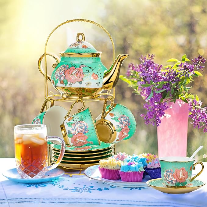 20 Pieces Porcelain Tea Set With Metal Holder, European Ceramic tea set for adults,Flower Tea Set,Tea Set For Women With Flower Painting (Large version, Green)