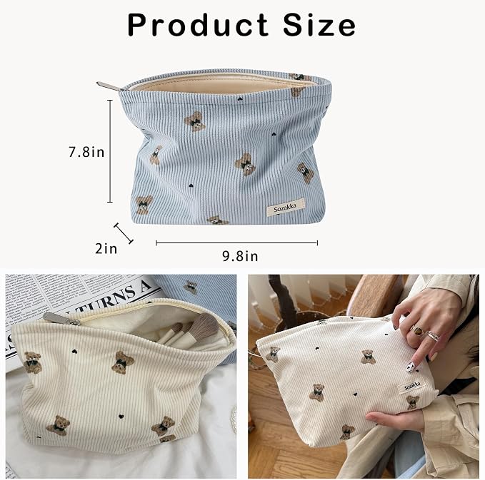 uekeboag Cute Small Soft Corduroy Zipper Makeup Bag for Purse, Coquette Aesthetic Pouch with Bear Pattern for Women Girls, Kawaii Travel Cosmetic Bags（02Blue）
