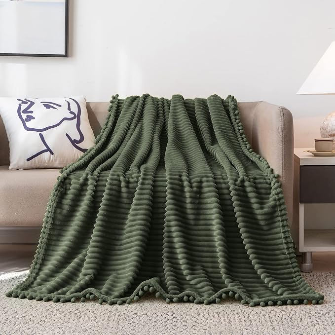 DISSA Fleece Blanket Twin Size – 60x80, Olive Green – Soft, Plush, Fluffy, Fuzzy, Warm, Cozy – Perfect Throw for Couch, Bed, Sofa - with Pompom Fringe - Flannel Blanket Throw Blanket