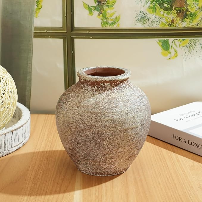 Ceramic Flower Vase Home Decor, 6.2 inch Farmhouse Rustic Vintage Decorative Vases, Pottery Terracotta Boho Flowers Vases for Dining Table, Living Room, Shelf, Kitchen, Bedroom (6.2"-Terracotta)