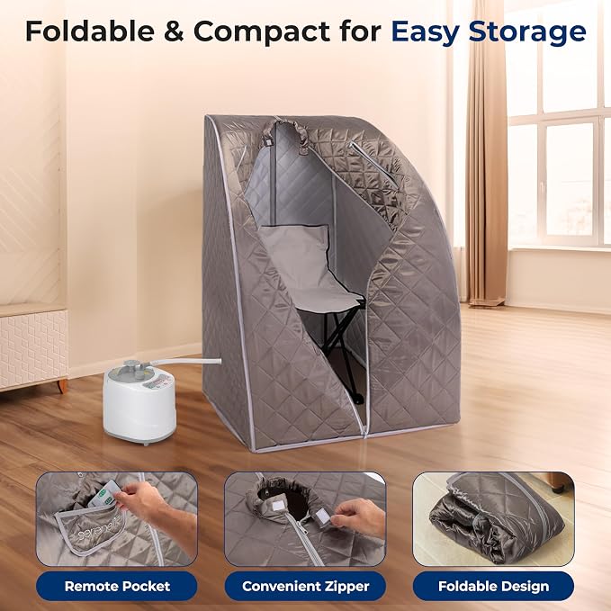 SereneLife Portable Steam Sauna - One Person Full Body Compact Home Sauna Tent with Foldable Chair, 122°F, 60 Min Timer, Ideal for Stress Reduction, Wellness, and Personal Care, Gray