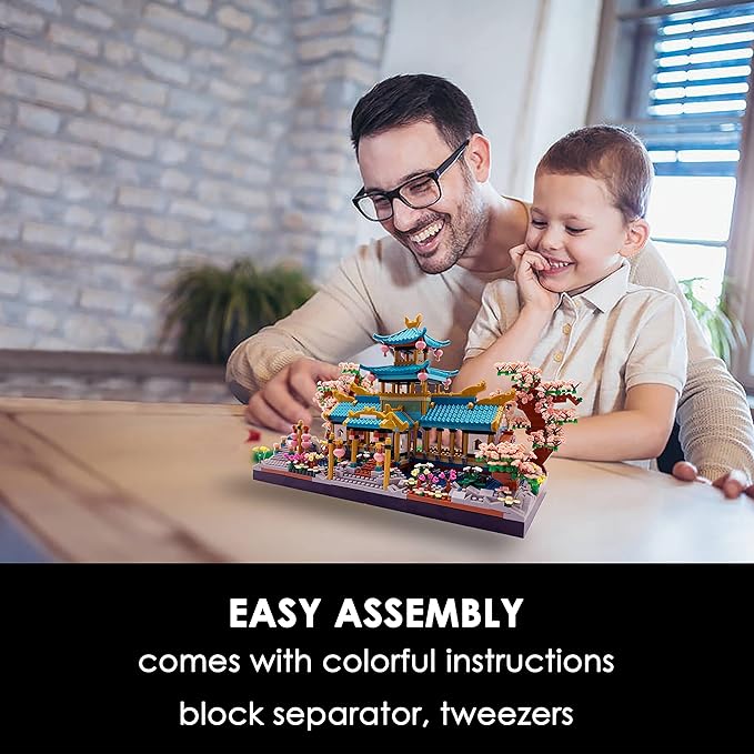Micro Building Blocks Set，Chinese Suzhou Garden Architecture and Cherry Blossom Bonsai Tree Building Toys for Adults，Japanese Sakura House Model，Creative Mini Bricks Gift for Kids 14+，2350 pcs