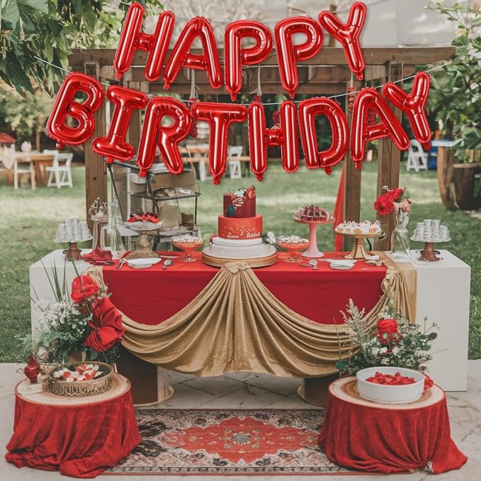 Red Happy Birthday Balloons Letters, 16 Inch Reusable Banner, Self Inflating Foil Bunting for Women Men Boys Girls Party Decorations Supplies