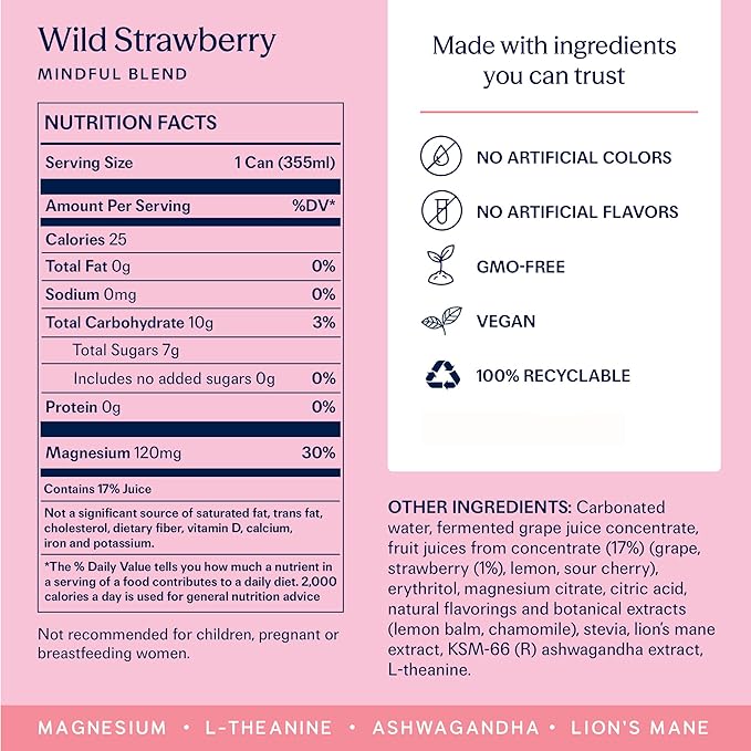 TRIP Lightly Sparkling Adaptogen Drink, Non Alcoholic Drink with Magnesium, Ashwagandha, Lions Mane & L Theanine, No Added Sugar Mocktail, Vegan, Wild Strawberry, 12 Oz, 12Pk