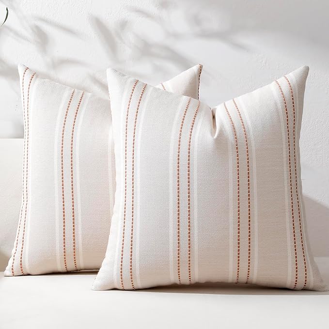 Hckot Terracotta Throw Pillow Covers 20x20 Set of 2 Striped Pillow Covers | Farmhouse Decorative Pillows Textured Linen Square Cushion Covers for Sofa Couch Bed Living Room Decor(Camel)