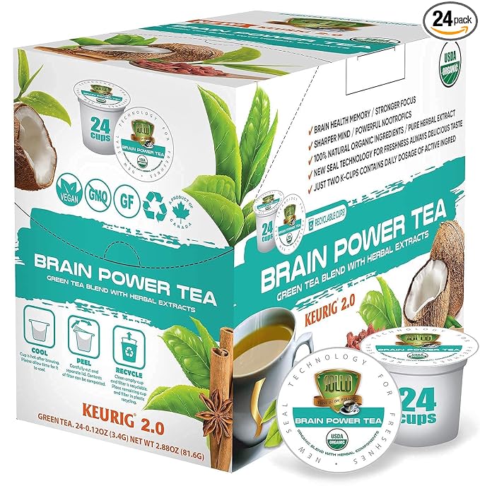 SOLLO Brain Power Organic Green Tea Pods with MCT, Acai & Essential nutrition, Nootropic Brain Booster- Improves Memory & Focus Compatible with 2.0 K-Cup Keurig Brewers, 24 Ct