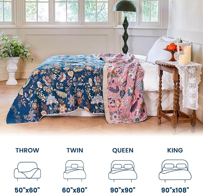 MSGKV Boho Throw Blanket 60"x80" 100% Cotton Twin Floral Throw for Couch | 100% Cotton Throw, Twin Floral Pattern, Reversible Woven, Summer Breathable, Lightweight, Home Decor, Machine Washable