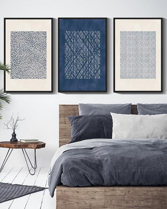 Drsoum Blue Mid-Century Modern Framed Wall Art Large 16x24in Minimalist Abstract Boho Wall Decor Geometric Artwork Kitchen Dining Room Black Framed