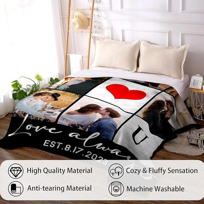 Personalized Couples Gifts for Boyfriend Girlfriend Wife Husband Him Her Mom Dad, Customized Birthday I Love You Gifts for Valentines Mother's Day Fathers Day, Custom Photo Blanket with Picture Text