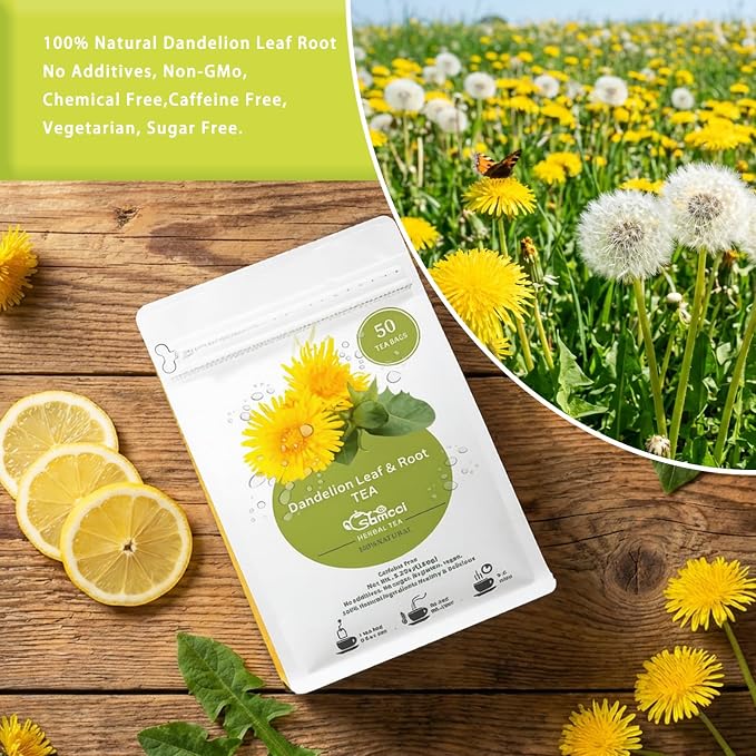 Samcci - Dandelion Leaf & Root Tea bags, 50 Teabags, Natural Roasted Dandelion Herbal Tea for Liver & Kidney Health, Support Digestion & Enhance Immune System, Caffeine Free
