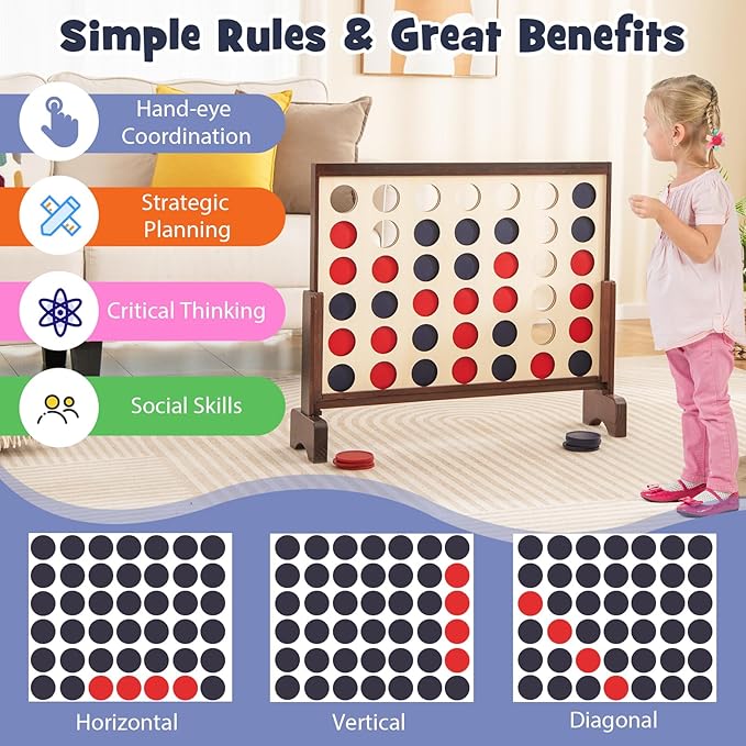 Costzon Giant 4-in-a-Row Game Set, Wooden Jumbo 4-to-Score Game with 42 PCS Chips & 600D Oxford Fabric Carrying Bag, Indoor Outdoor Line-up-4 Game for Kids & Adults, Ideal for Camping (Natural)