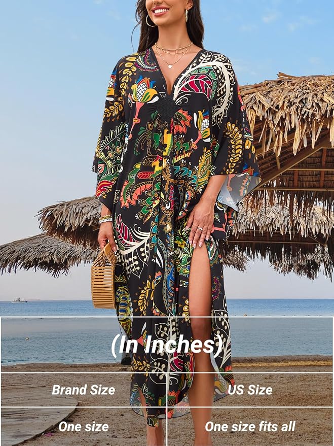 ChiaoLezhee Print Moo-Moos for Women, Kaftan Cover-Up Dresses, Sexy V-Neck High-Slit, Beach Pool-Party Coverups Muumuu Plus