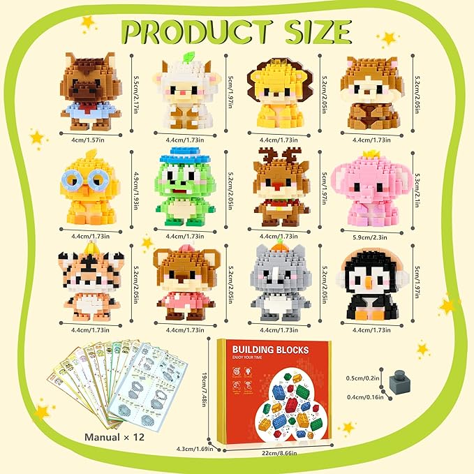 12 Pack Mini Building Blocks, Building Toys Set or Kids, Toy Building Sets, Mini Building Block Sets for Boys or Girls 6+ (Animals)