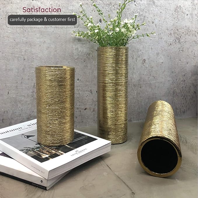 WGV Ceramic Cylinder Vase Width 5" Height 12" Elegant Unique Modern Matte Floral Container Planter Pot Centerpiece for Event Party Wedding Office Home Decor, Gold Textured 1 Piece