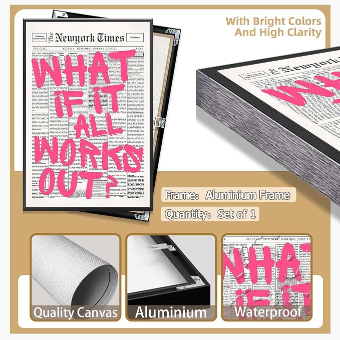 Drimiler Retro Newspaper Pink Font Poster What If It All Works Out Canvas Wall Art Positive Affirming Quote Minimalist Prints Painting For Home Bedroom Dorm Wall Decor 12x16in Framed
