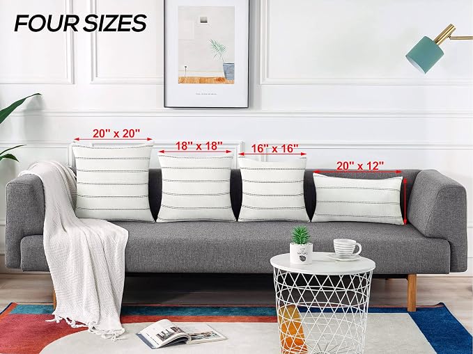 Pack of 2 Farmhouse Stripe Check Throw Pillow Covers Set Case Cotton Linen Decorative Pillowcases Cushion Cover for Couch Bench Sofa 26x26Inch Cream
