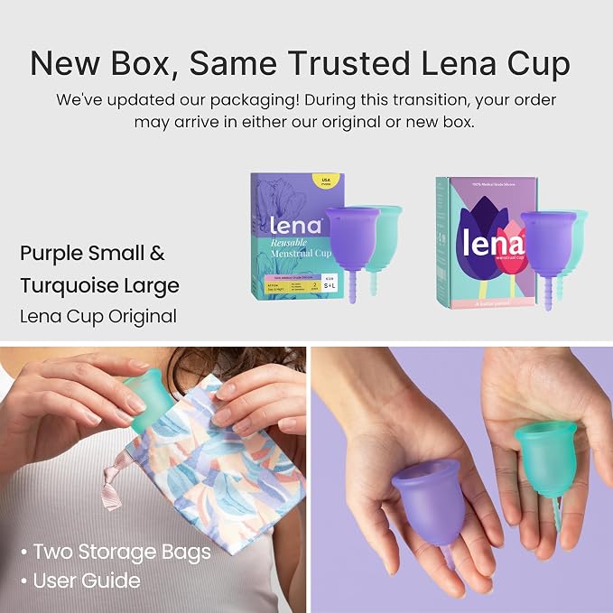 Lena Menstrual Cups Original 2-Pack Set (Small & Large) Soft Medical-Grade Silicone Period Cups for Women Heavy Flow, Reusable 12-Hour Leak-Free Comfort, Feminine Care, Purple and Turquoise