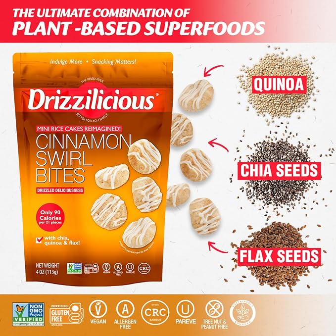 Drizzilicious Mini Flavored Rice Cakes Cinnamon Swirl - Rice Crisps, Healthy Snack for Adults and Kids, Vegan, Gluten Free Snack, Allergen Free, Only 90 Calories Per 21 Pieces - 4 oz (Pack of 1)