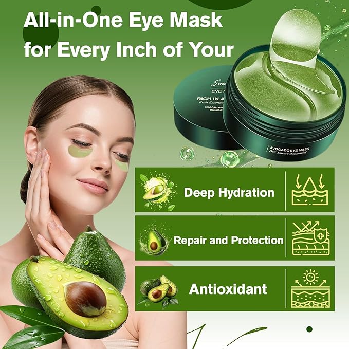 Avocado Under Eye Patches (60 PCS), Collagen Eye Mask for Dark Circles and Puffiness, Hydrating Under Eye Pads for Women & Men