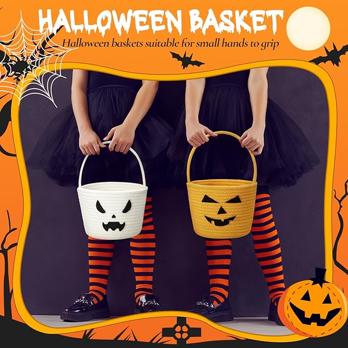 Halloween Basket with Handle Cute Bucket Cotton Rope Woven Candy Bag Pumpkin Witch Cat Pig Storage Basket for Halloween Party Favor(White,Ghost)