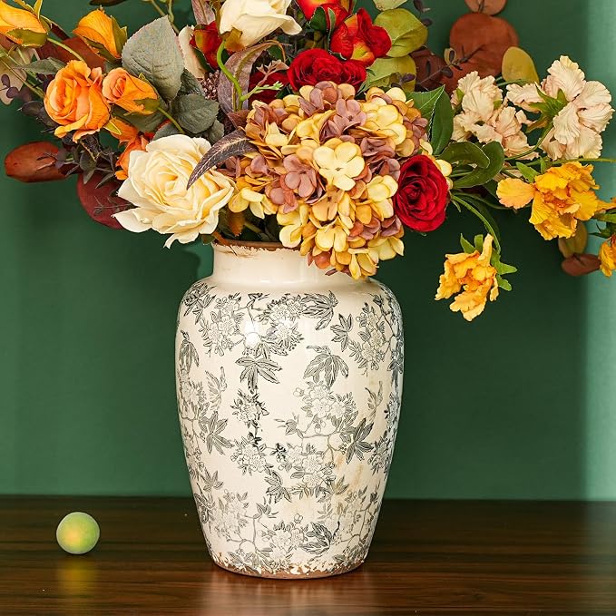 Sungmor Ceramic Flower Vase, Vintage Grey Ice Cracked Glaze Porcelain Vase | Pretty Home Decor Vase for Flower Arrangement, Fresh Flowers, 10.2 Inch Tall Chinoiserie Pottery Vase, Green Floral Pattern