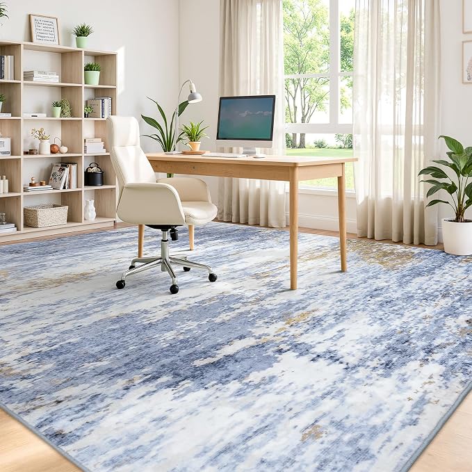 8x10 Area Rug for Living Room, Abstract Washable Large Rugs, Light Blue | Neutral Carpet for Bedroom, Dining Room, Home Office Nursery, Indoor, Stain Resistant, Low Pile, Non-Slip, Modern Rug