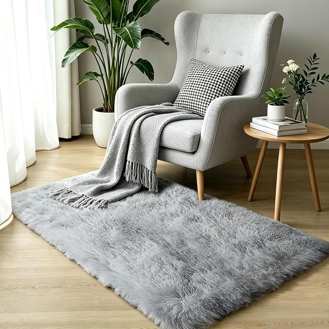Light Grey Fluffy Shag Rug 2x3, 2 Pcs Soft Fuzzy Plush Washable Carpet | Non Slip comfy shaggy furry rug for bedroom, living room, kids room, nursery, dorm, boys and girls