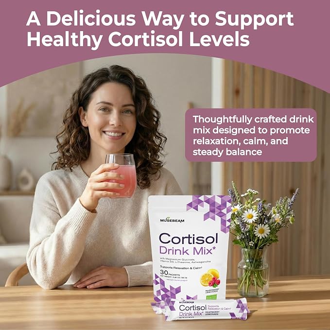 Musebeam Cortisol Calm Drink Powder Mix - Calming Stress Support Packets for Women Men with Ashwagandha Magnesium Glycinate - Relaxing Raspberry Lemonade Flavor for Healthy Cortisol Levels Relax Focus