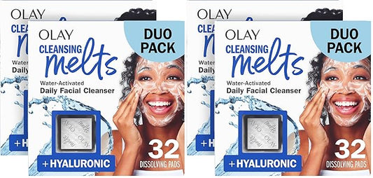 Olay Face Wash, Hyaluronic Acid Cleansing Melts, Fragrance-Free, Daily Use Gentle Cleanser, For All Skin Types, Travel Size, Water-Activated to Clean, Tone, and Refresh(32ct), (Pack of 4)