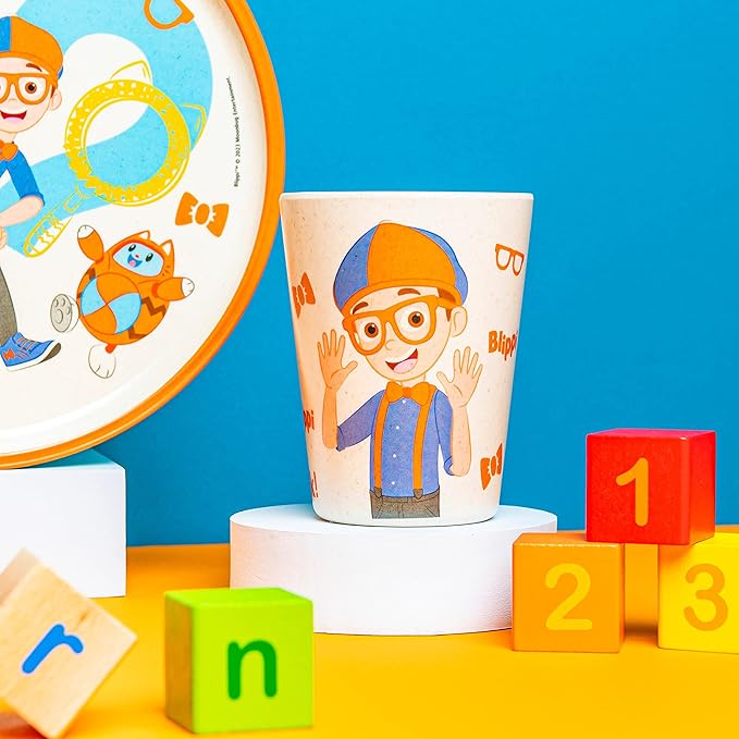 Zak Designs Blippi Kids Dinnerware Set 3 Pieces, Durable and Sustainable Melamine Bamboo Plate, Bowl, and Tumbler are Perfect For Dinner Time With Family (Blippi, TABBS)