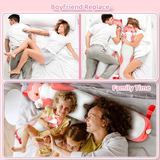 Long Cat Plush 5 Sizes, 120% Extra Filling Giant Plushness Kids Body Pillow, Kawaii Cute Pink Cat Stuffed Animals Plushies, Big Long Body Pillow Cat Plush Gift for Girls 28”
