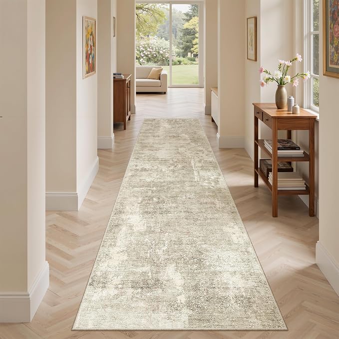 Soalmost Abstract Runner Rug 2x8 Hallway Kitchen Runners Beige/Gray | Vintage Washable Rugs for Bathroom Laundry Room, Low Pile Stain Resistant Floor Carpet Mat Entryway Corridor Bedroom