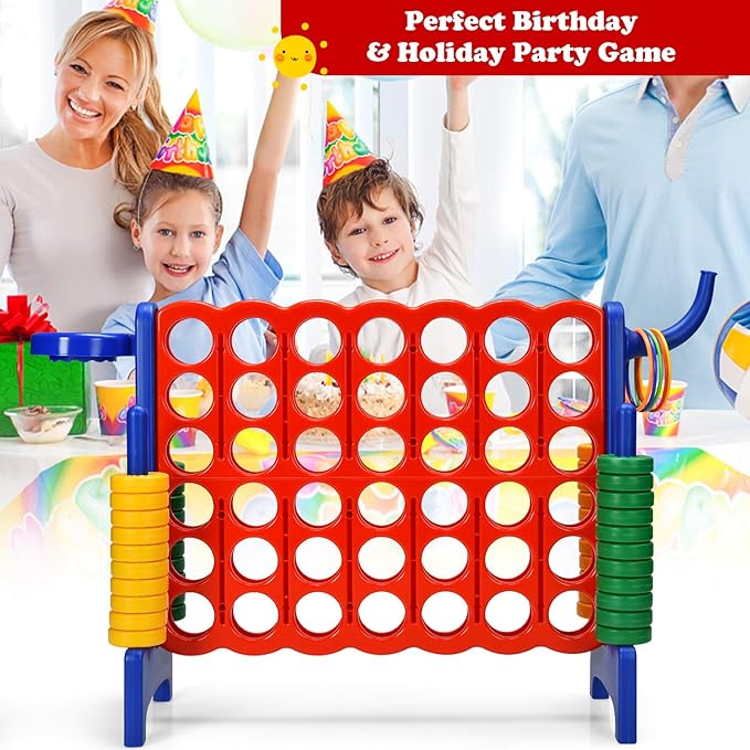 Costzon Giant 4-in-A-Row, Jumbo 4-to-Score Giant Game w/Basketball Hoop, Ring Toss, Quick-Release Slider, 42 Jumbo Rings, Indoor Outdoor Family Connect Game for Kids & Adults, Backyard Games, Blue