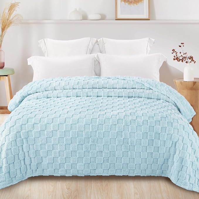 Exclusivo Mezcla 3D Checkered Fleece Queen Blanket for Bed, LCE Blue | Super Soft and Cozy Fluffy Blanket, Lightweight, Breathable, Decorative Blanket for Living Room, Bedroom, All Season, 90"x90"